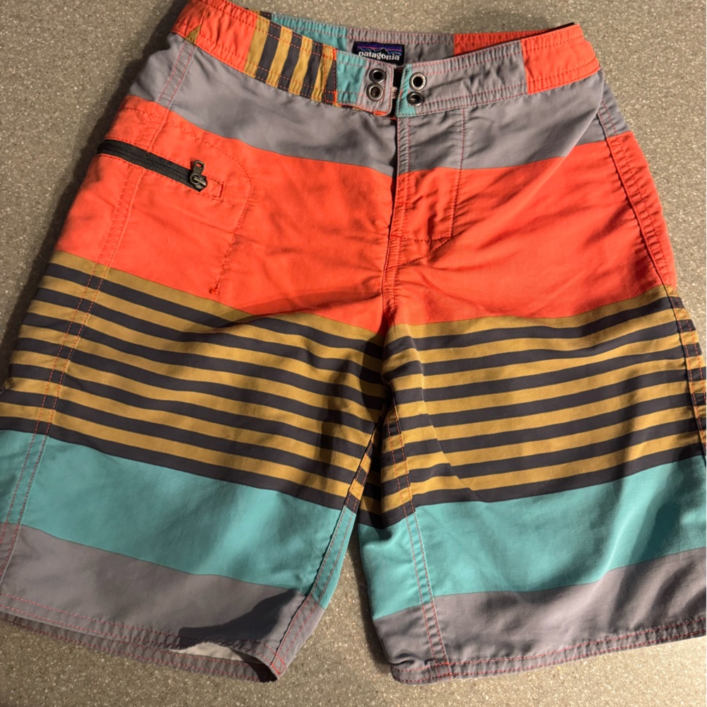 Patagonia Red and Blue Swim Trunks with Bold Stripes